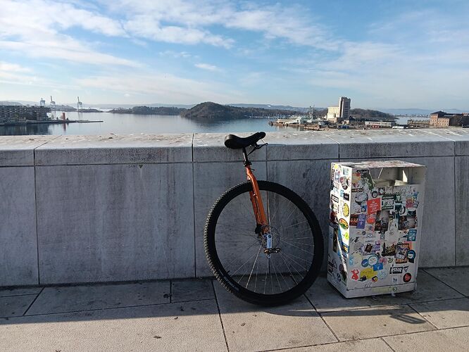 A view out at the Oslo fjord with a unicycle in the foreground
